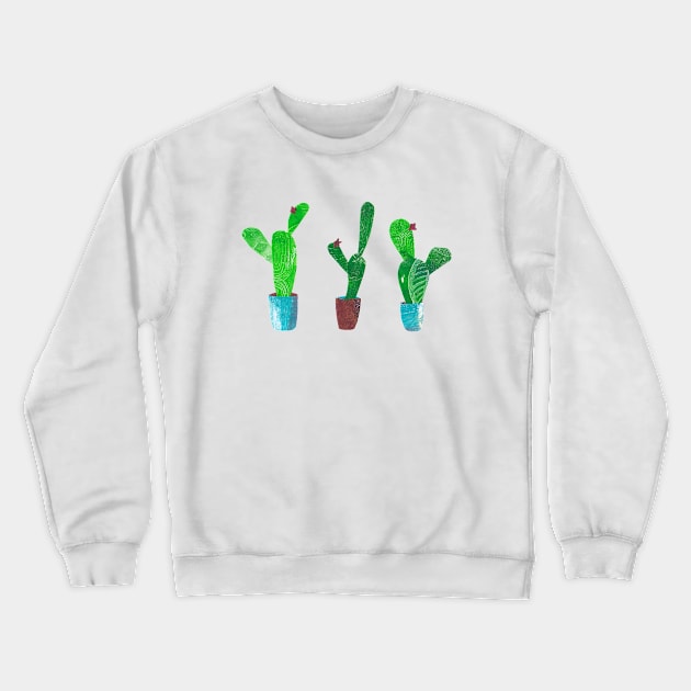 Succulent cacti in pots - mixed media collage Crewneck Sweatshirt by kittyvdheuvel